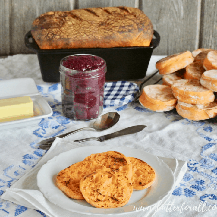 The ultimate breakfast buffet featuring a fresh baked loaf of sweet potato sourdough and soft a chewy sweet potato English muffins!