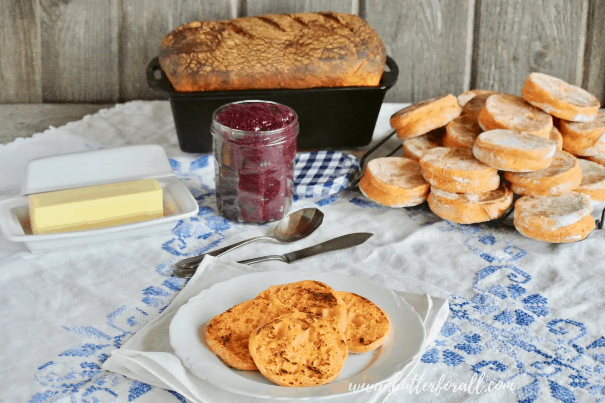 The ultimate breakfast buffet featuring a fresh baked loaf of sweet potato sourdough and soft a chewy sweet potato English muffins!