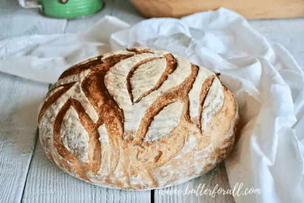 A loaf of sourdough rye bread.