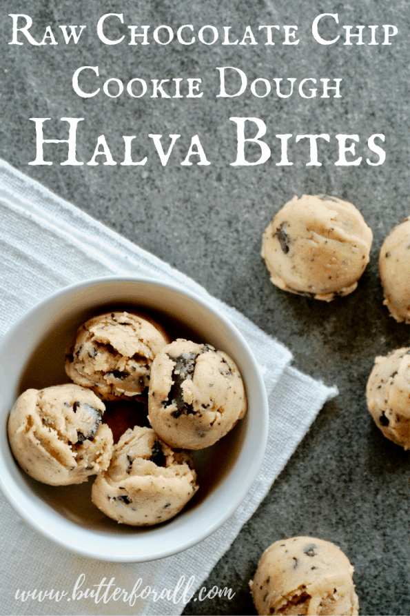 A bowl of halva bites with text overlay.