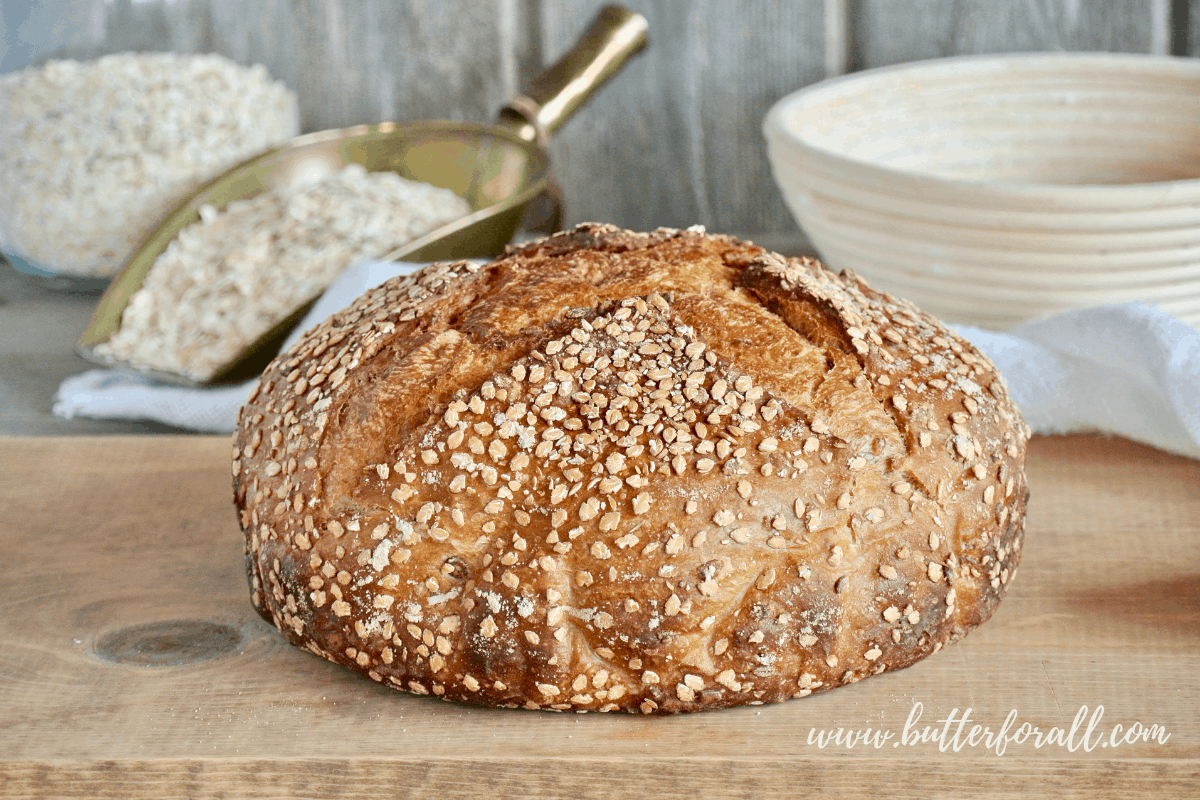 A perfect loaf of sweet and soft Honey Oat Sourdough awaits being cut and devoured.