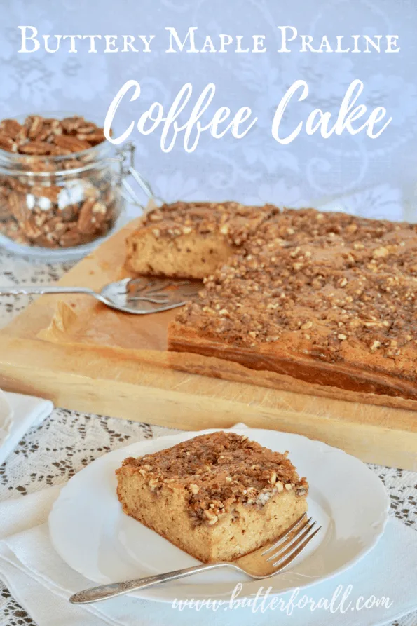 A sliced coffee cake with text overlay.