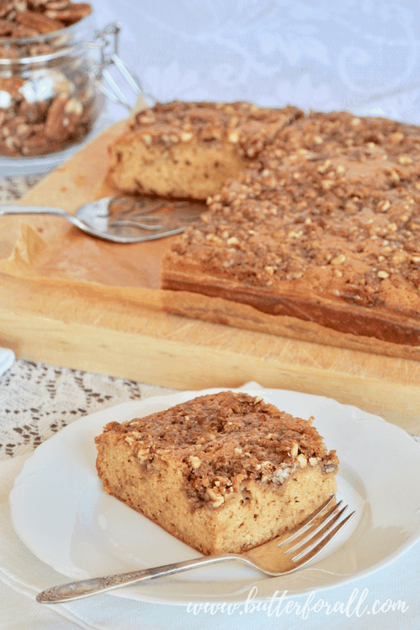 A slice of praline-topped coffee cake.