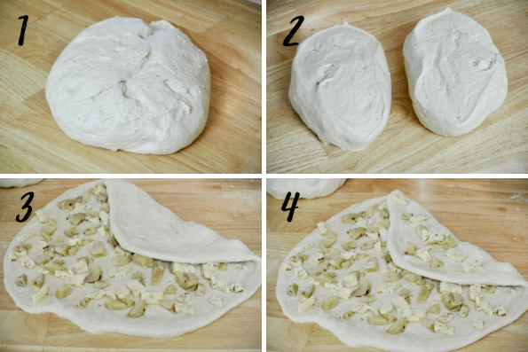 Cheesy Sourdough Pizza Bread Steps 1-4. Showing the raw dough, dough divided in half, added toppings, and first fold.