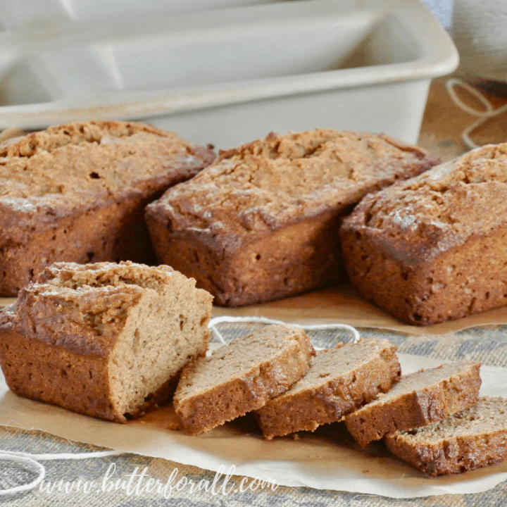 4 Perfect mini loaves of fresh baked sprouted wheat banana bread.