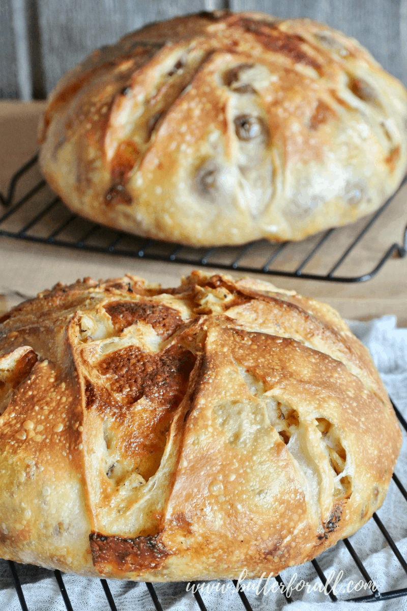 Two golden loaves of Cheesy Sourdough Pizza Bread fresh from the oven. #realfood #pizza #sourdough #Cheese #nourishingtraditions #wisetraditions #starter #bread