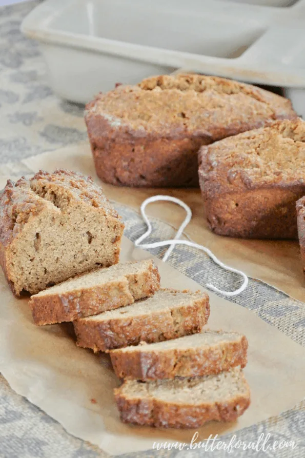 Thick slices of fresh baked sprouted wheat banana bread.