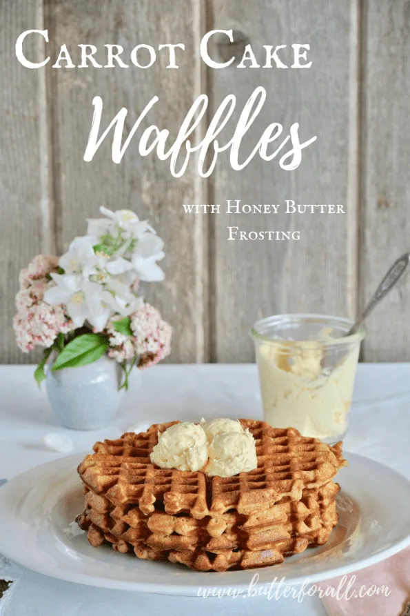A plate of carrot cake waffles with text overlay.