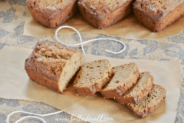 Thick slices of fresh baked sprouted wheat banana bread make a great snack or quick breakfast. Don't for get the real butter! #realfood #sprouted #refinedsugarfree #breakfast #brunch #nutfree #bananabread #easy #fast #wisetraditions #nourishingtraditions 