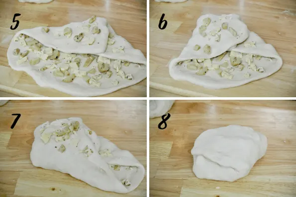 Cheesy Sourdough Pizza Bread Steps 5-8. Showing the second fold, third fold, fourth fold, and fifth fold.