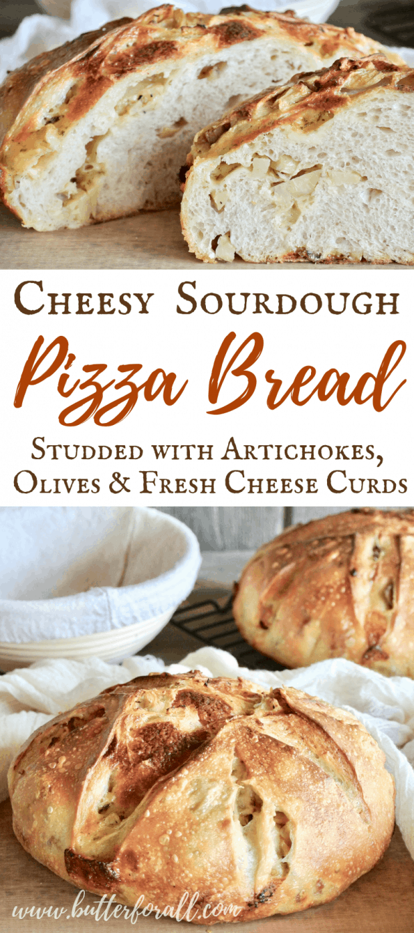 A collage of cheesy sourdough pizza bread loaves with text overlay.