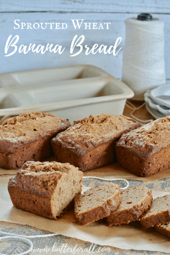 Sliced loaves of banana bread with text overlay.
