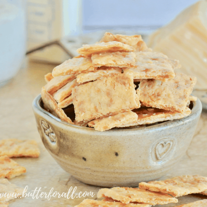 A bowl of these super crispy and crunchy Buttery Parmesan Sourdough Discard Crackers makes an excellent homemade snack. #starter #sourdough #wildyeast #fermented #realfood #wisetraditions #crackers #cheesecrackers #healthysnacks #easy #crunchysnacks