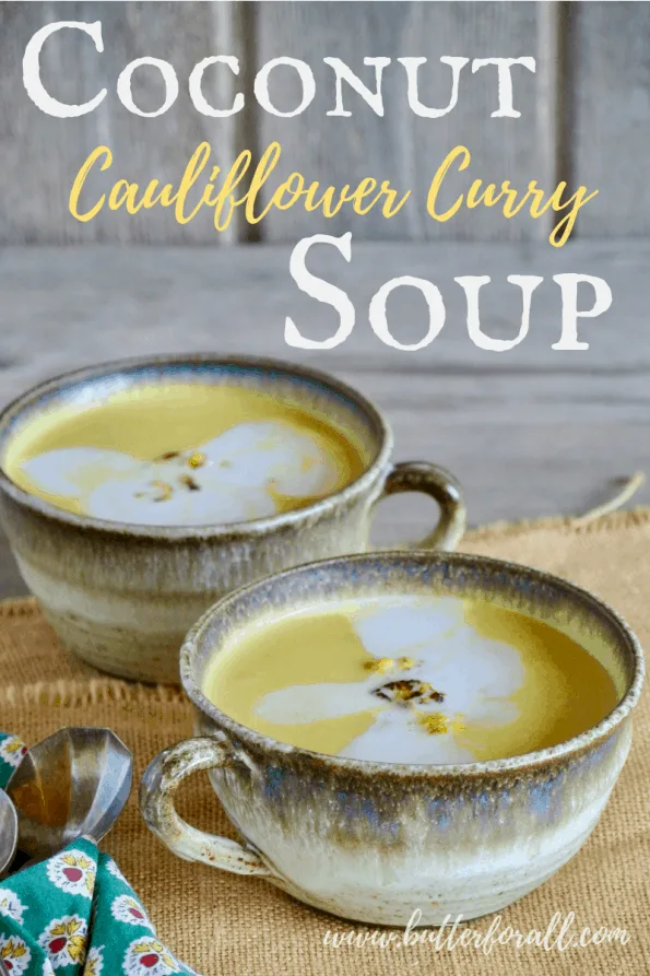 Bowls of coconut curry soup with text overlay.