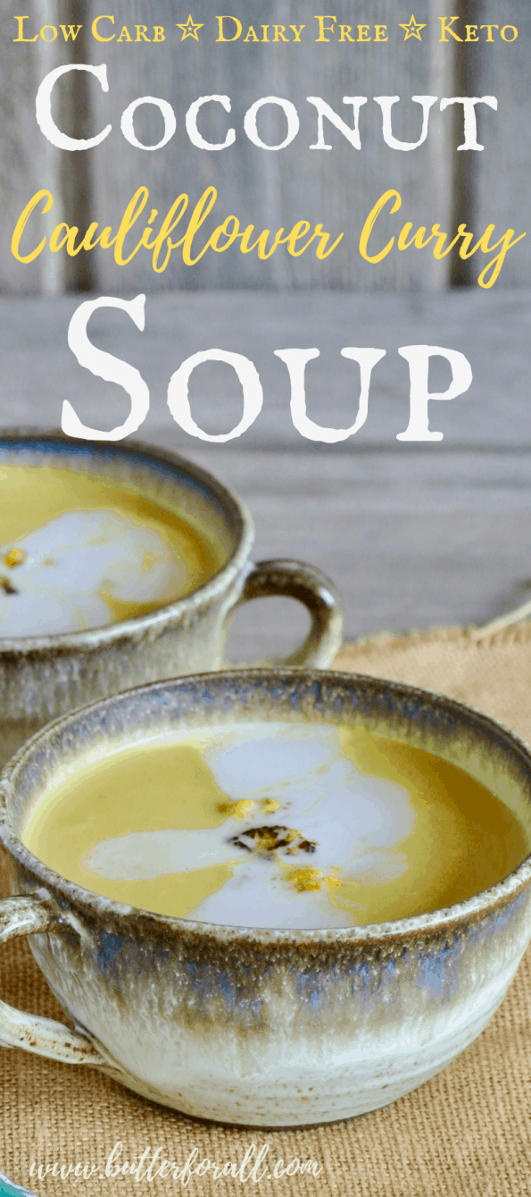 Bowls of coconut curry soup with text overlay.