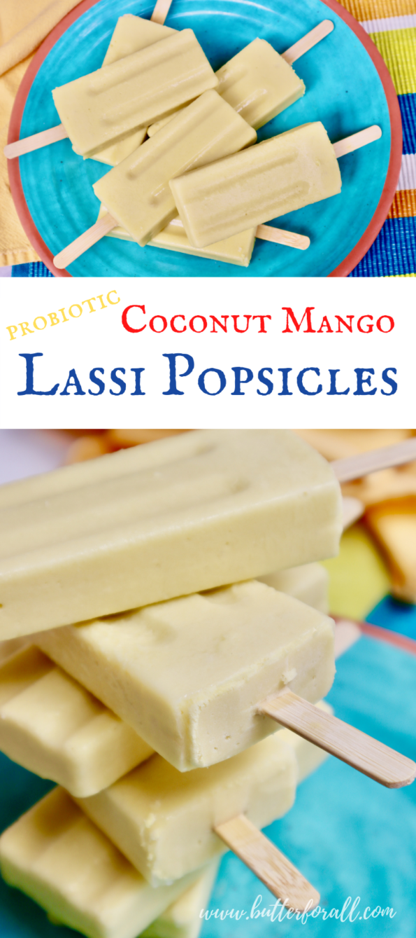 Photo collage of frosty coconut mango lassi popsicles with text overlay.