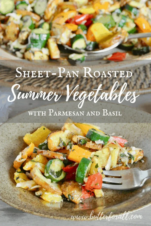 A plate of roasted summer vegetables with text overlay.