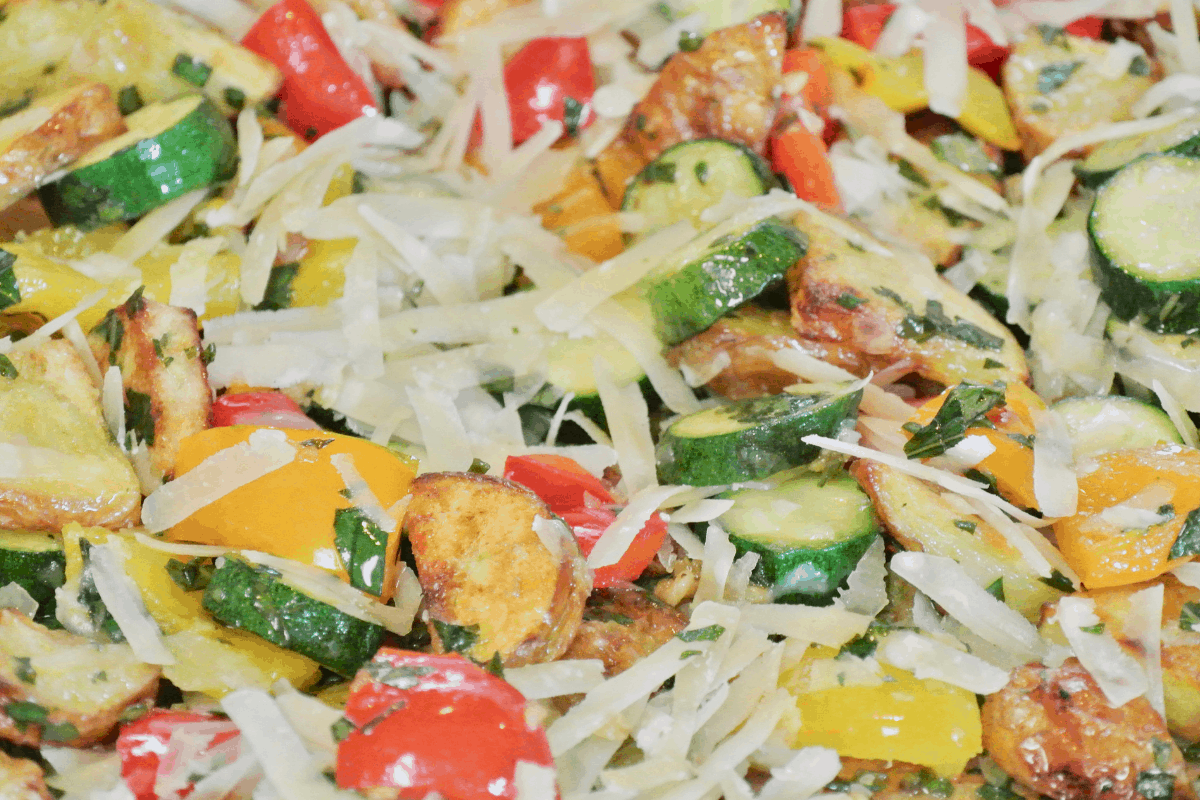 Easy SheetPan Roasted Summer Vegetables With Parmesan and Basil