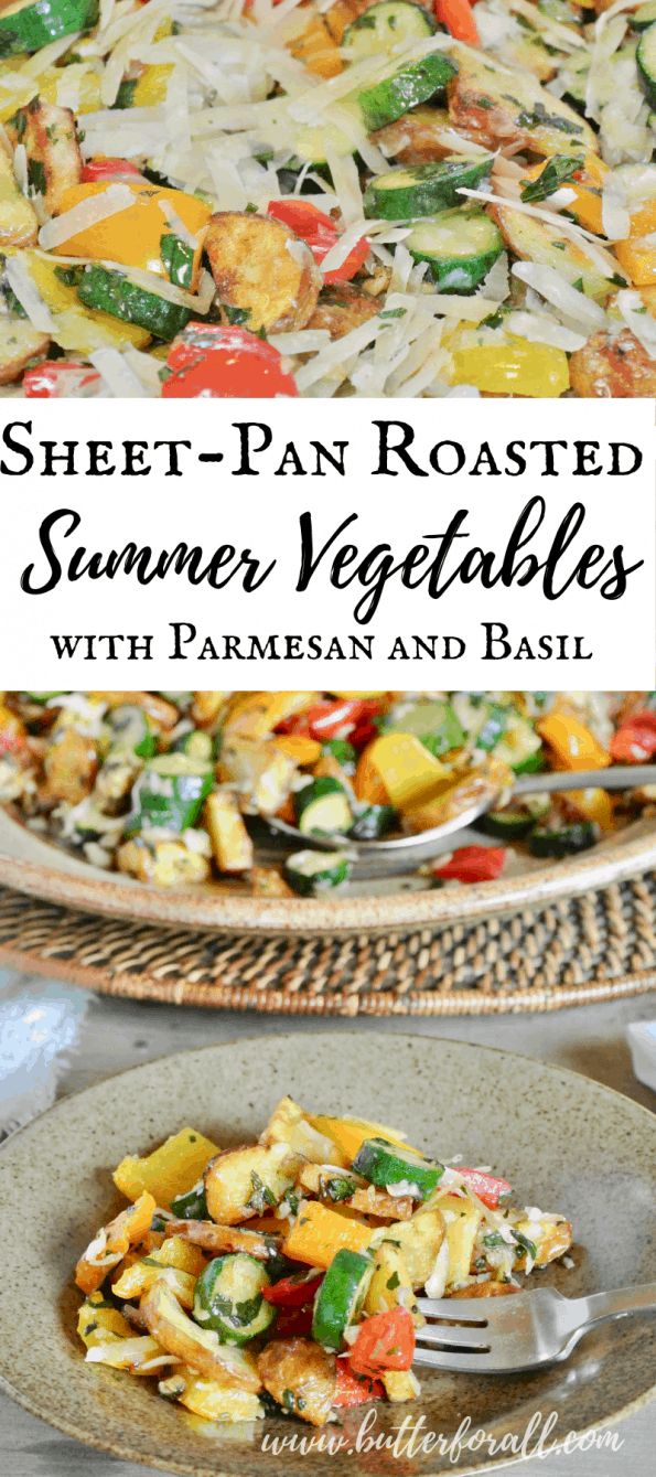 A collage of roasted summer vegetables with text overlay.