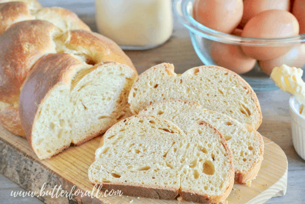 Perfectly soft and tender sourdough cut into slices to show the crumb.