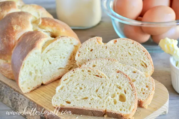 Perfectly soft and tender sourdough cut into slices to show the crumb.