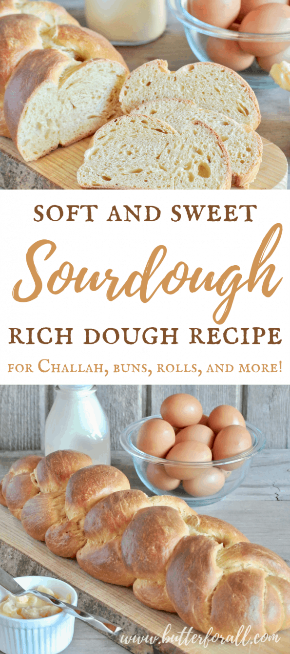 A collage of sourdough rich dough loaves with text overlay.