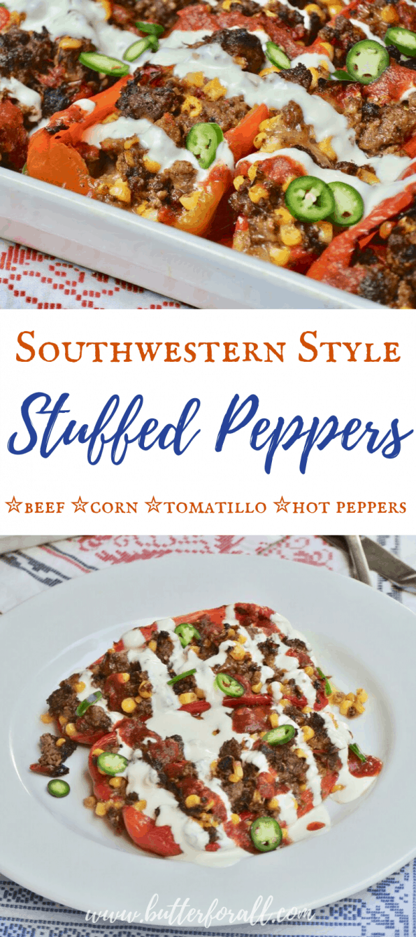 A collage of baked stuffed peppers with text overlay.