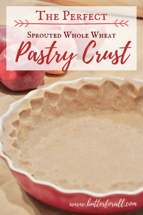 A pastry crust in a pie dish with text overlay.