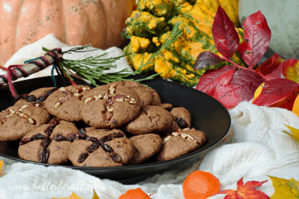 A plate of Soul Cakes with festive decorations.