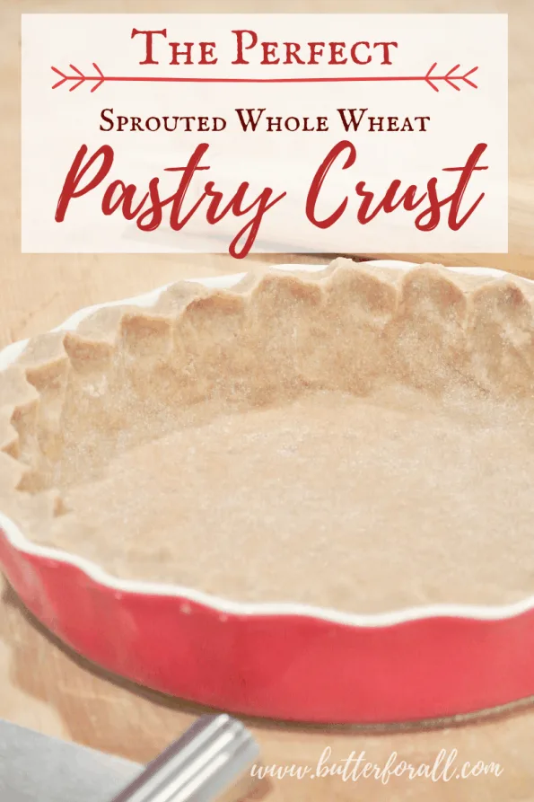 A pastry crust in a pie dish with text overlay.