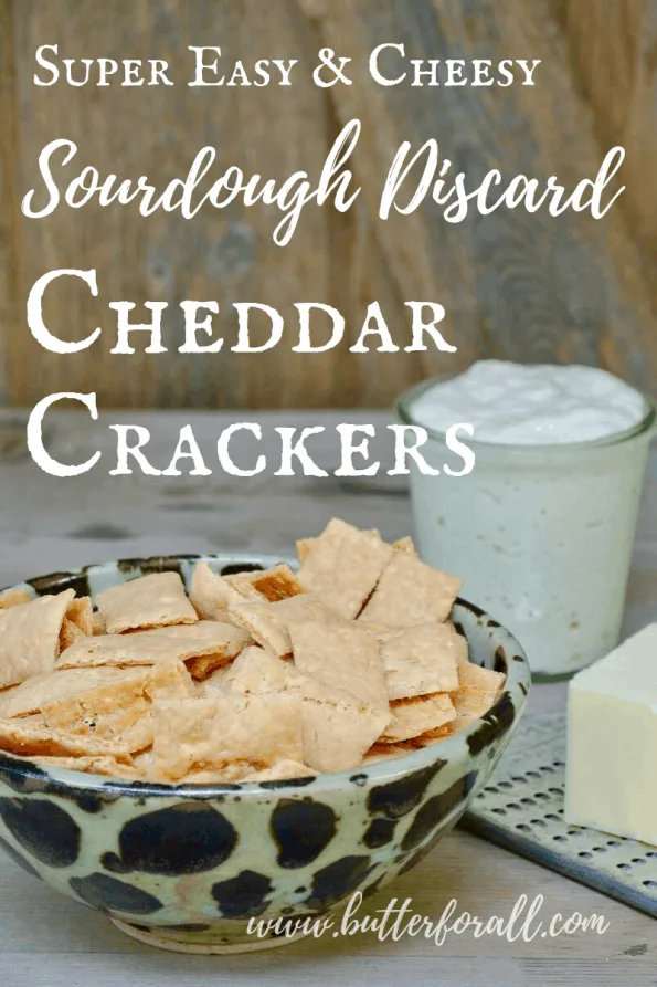 A bowl of sourdough cheddar crackers with text overlay.