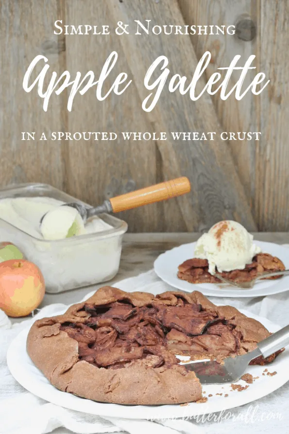 An apple galette with text overlay.
