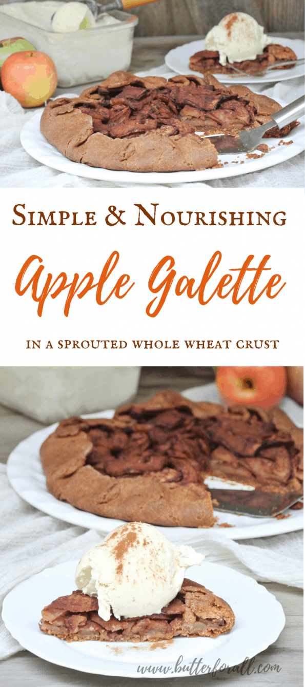 A collage of apple galette with text overlay.