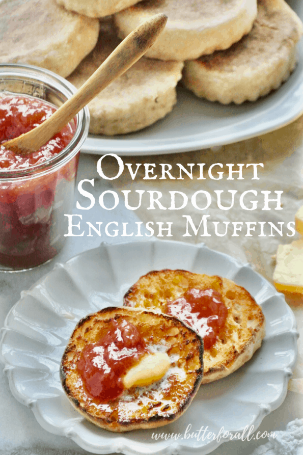 A plate of English muffins with text overlay.
