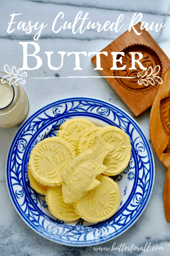 A plate of fresh butter pats with text overlay.