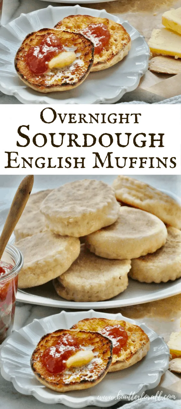 A collage of stacks of English muffins with text overlay.