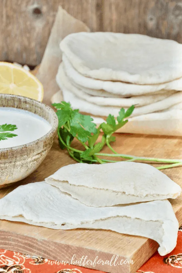 A close-up of a sourdough pita bread.