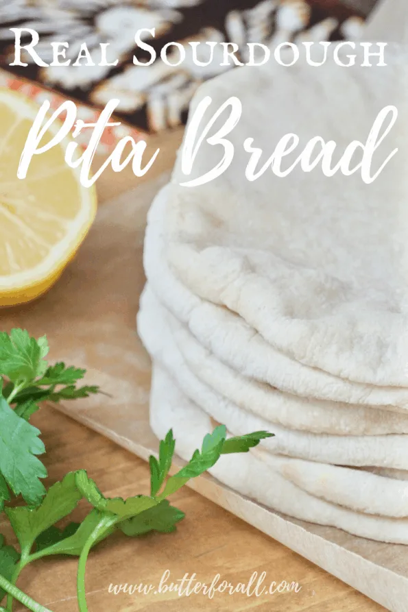 A stack of sourdough pita bread with text overlay.