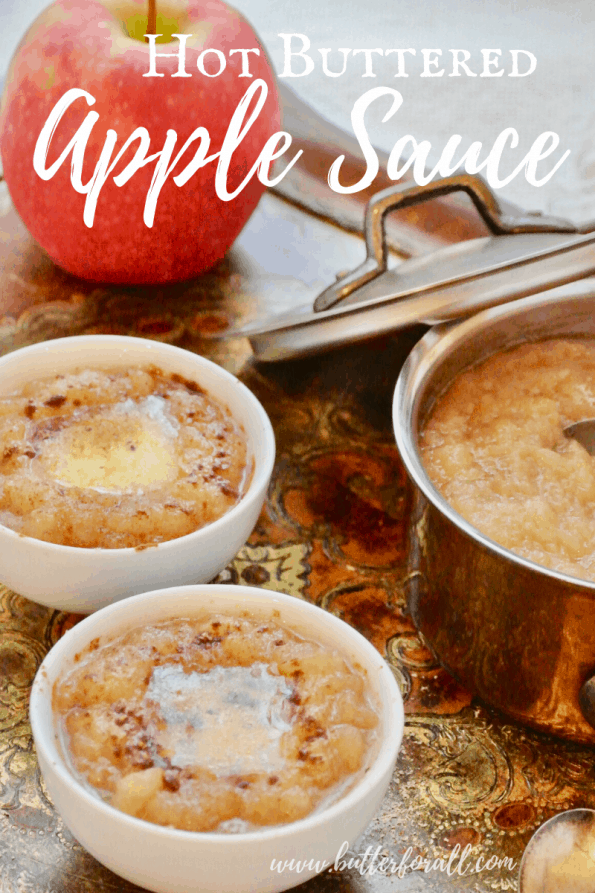 Bowls of hot buttered apple sauce with text overlay.