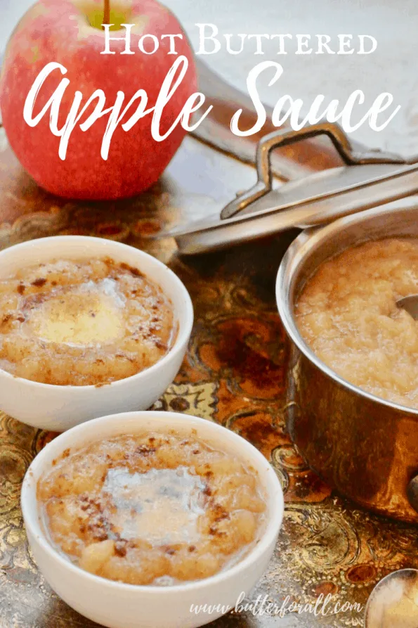 Bowls of hot buttered apple sauce with text overlay.