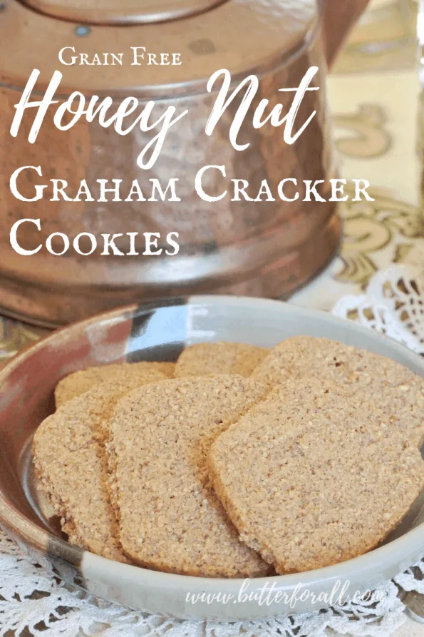 A plate of graham cracker grain-free cookies with text overlay.