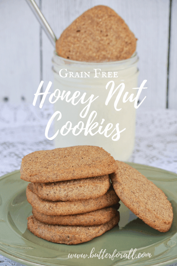 A stack of soft and chewy grain-free cookies with text overlay.