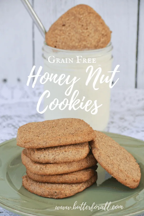 A stack of soft and chewy grain-free cookies with text overlay.