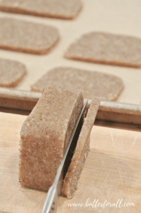 Slicing the dough rectangle.