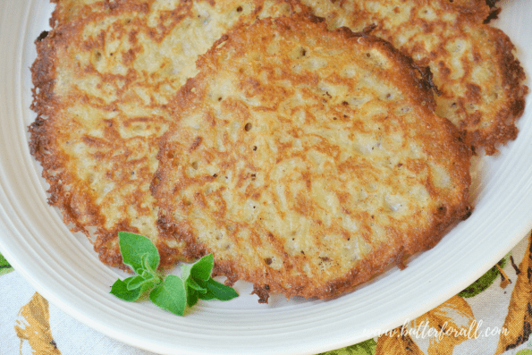 A close-up of sourdough potato pancakes.