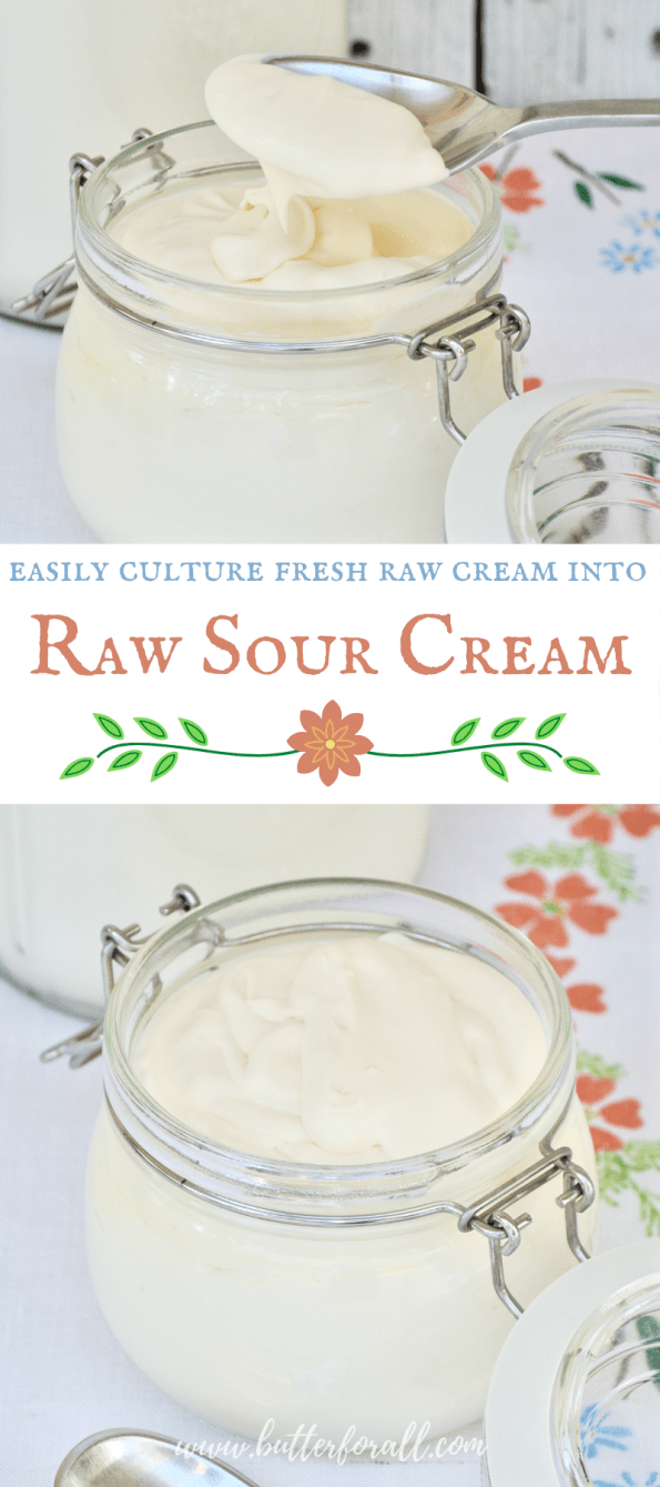 A collage of jars of raw sour cream with text overlay.