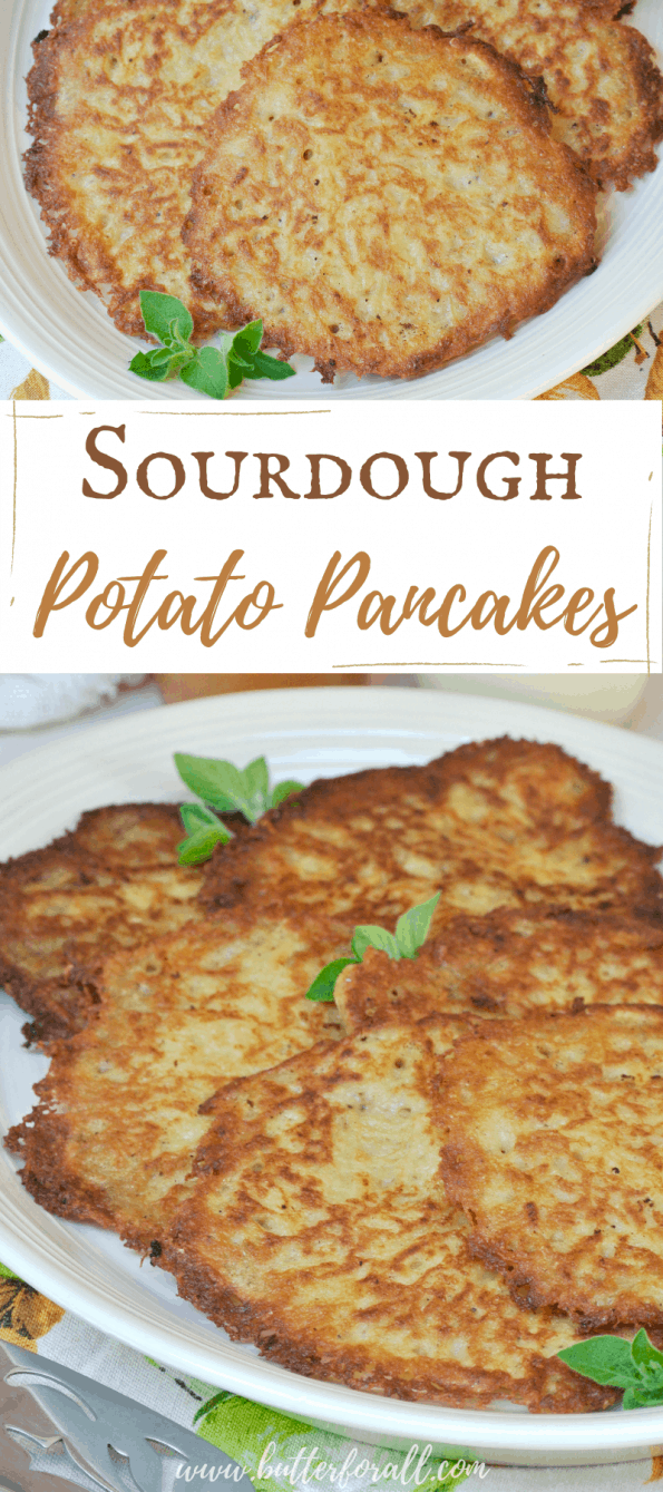 A collage of plates of sourdough potato pancakes with text overlay.