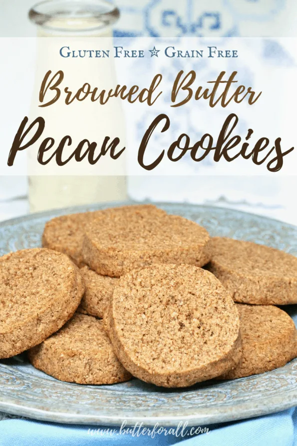 A plate of browned butter pecan cookies with text overlay.
