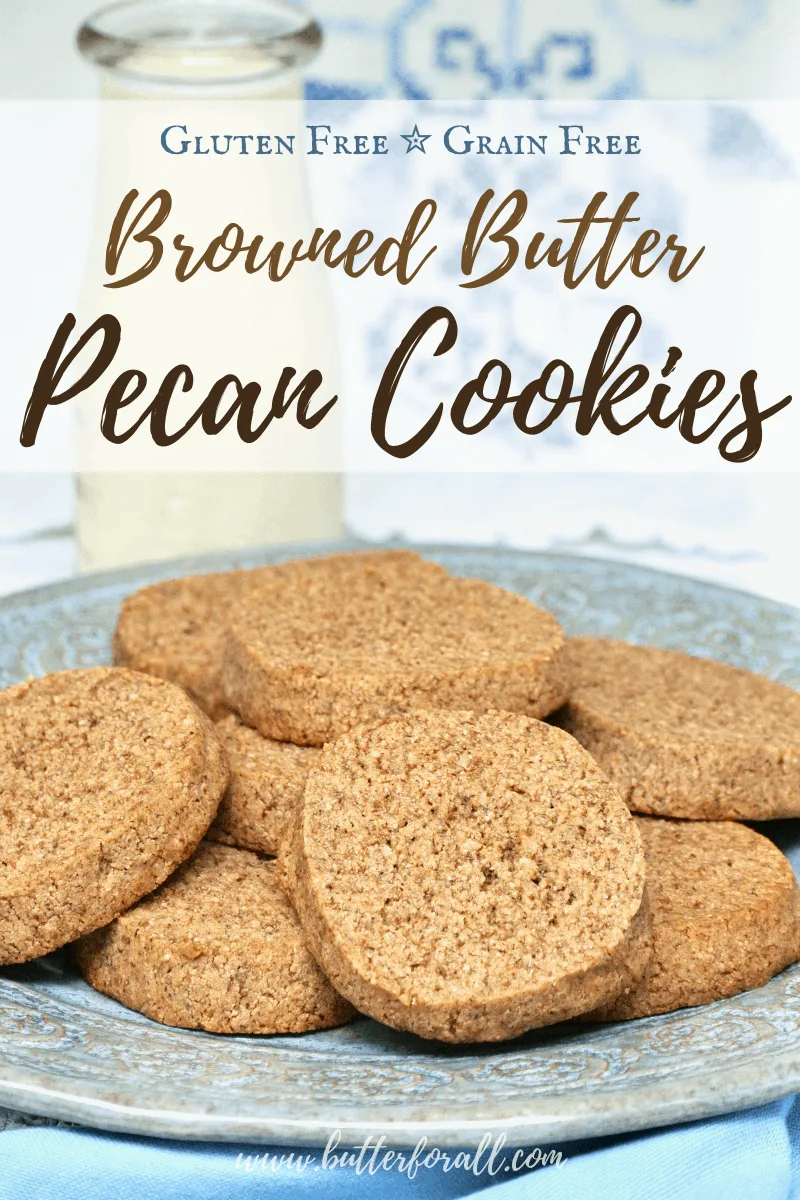 These soft and chewy gluten free cookies are made with properly prepared crispy pecans, browned butter and coconut sugar for a real food, really delicious treat! If you like pecan pie, you will love these cookies! #brownedbutter #pecans #pecanpie #cookies #glutenfree #grainfree #nourishing #wapf #simple #realfood #norefinedsugar #refinedsugarfree #icecreamsandwich #nuts #almondflour #coconutflour #butter #cookiesandmilk