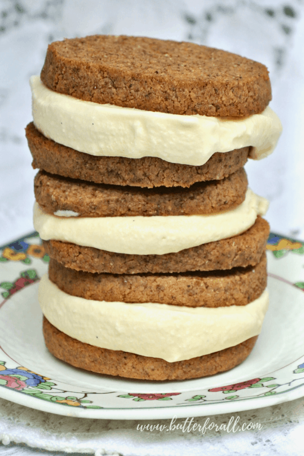 A stack of browned butter pecan cookies made into ice cream sandwiches.